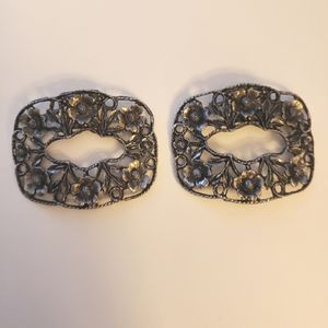 Musi Vintage Unsigned Floral Filagree Shoe Clips Silver Color